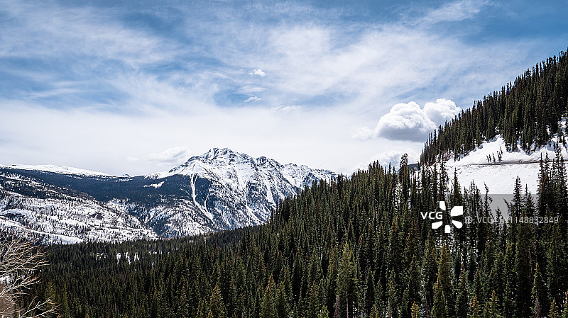 美国科罗拉多州：从杜兰戈到锡尔弗顿的雪山和树木景观图片素材