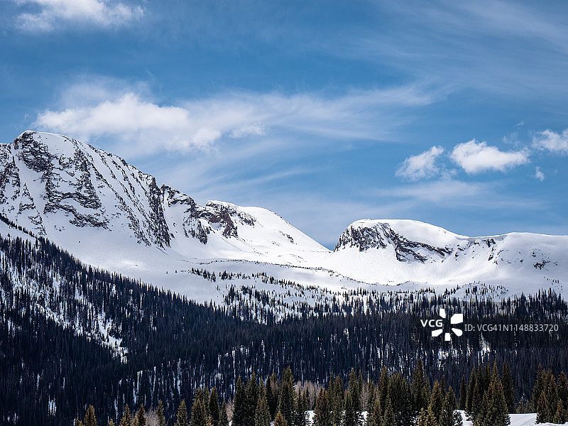 美国科罗拉多州：从杜兰戈到锡尔弗顿的雪山和树木景观图片素材