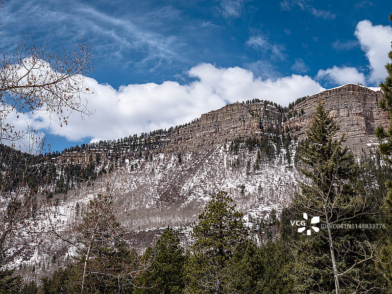 美国科罗拉多州：从杜兰戈到锡尔弗顿的雪山和树木景观图片素材