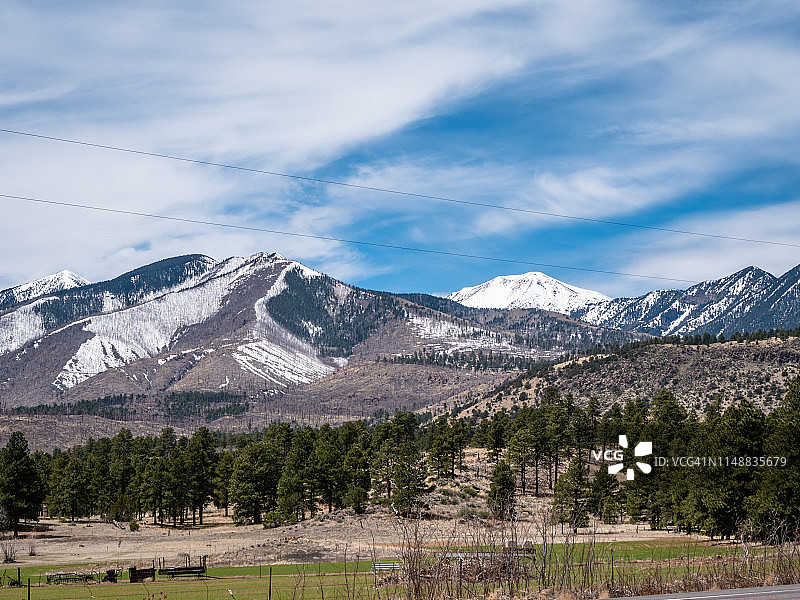 美国科罗拉多州：从杜兰戈到锡尔弗顿的雪山和树木景观图片素材
