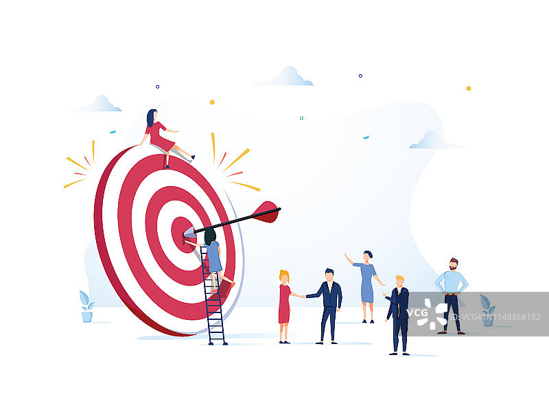 商业愿景：带有人物的大目标，团队合作，人们朝着目标奔跑，向上提升动力，实现目标图片素材