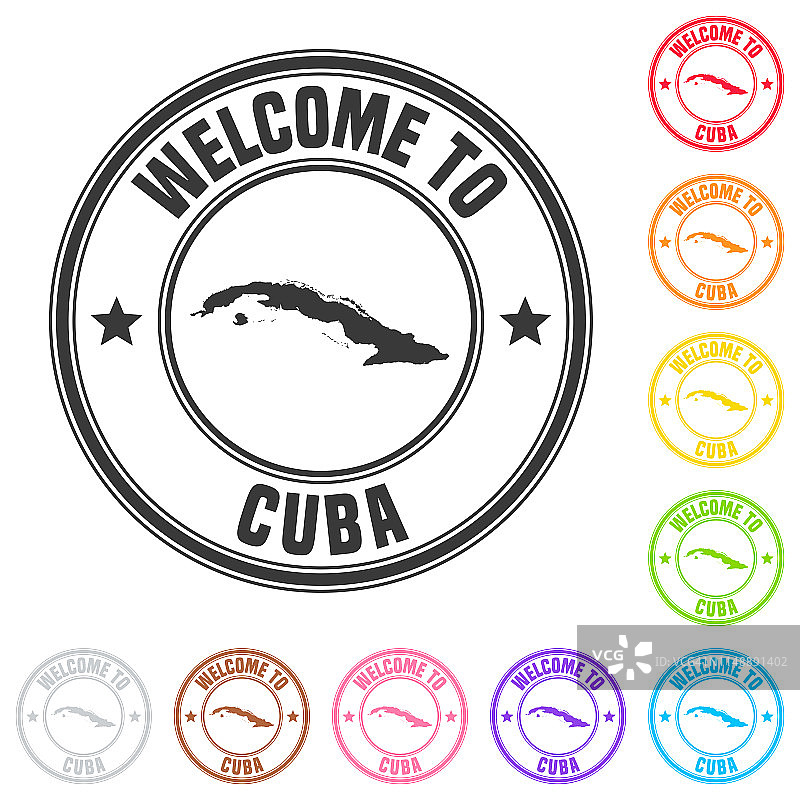 欢迎来到古巴印章：白色背景上的彩色徽章图片素材