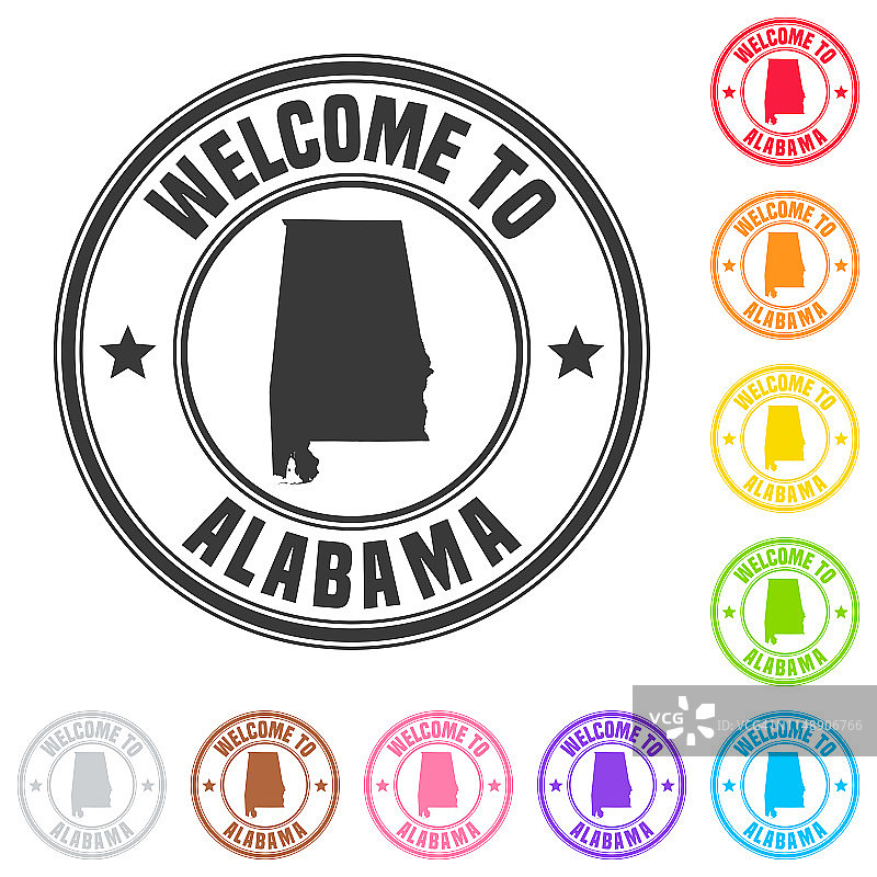 欢迎来到阿拉巴马州彩色徽章邮票图片素材