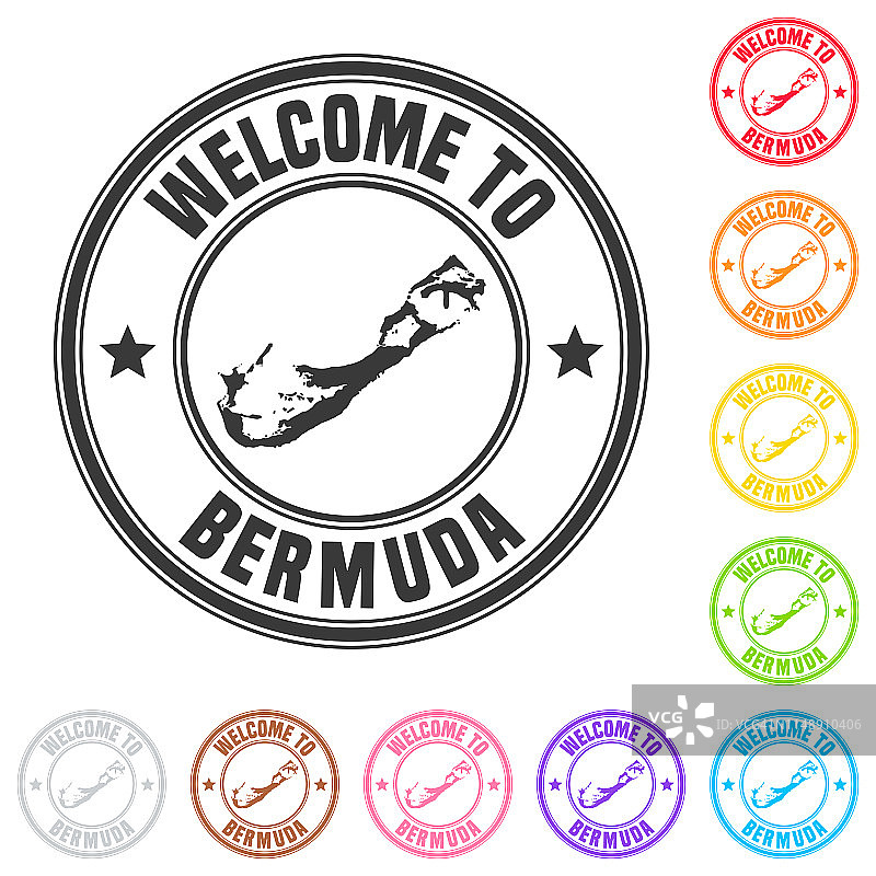 欢迎来到百慕大邮票 - 白色背景上的彩色徽章图片素材