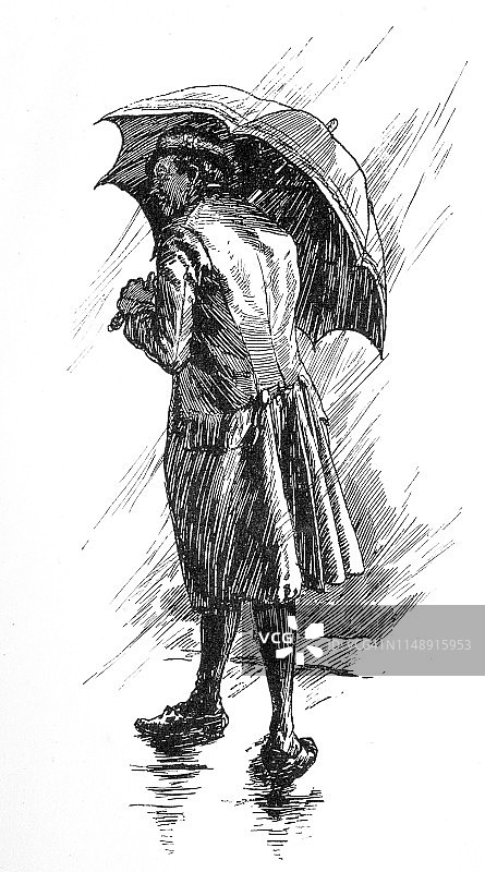 18世纪雨中持伞的警察，身穿长外套、马裤、高跟鞋和长袜图片素材