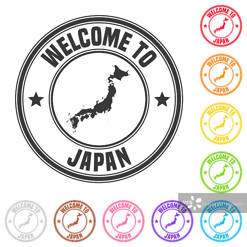 欢迎来到日本印章——白色背景上的彩色徽章图片素材