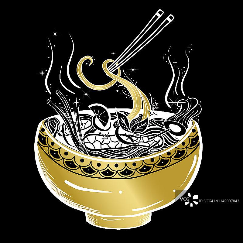 手绘亚洲面碗汤（乌冬面、味噌、河粉、拉面）纹身艺术风格图片素材