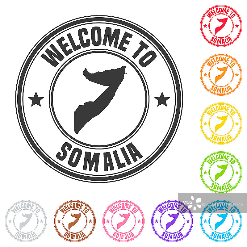 欢迎来到索马里印章：白色背景上的彩色徽章图片素材