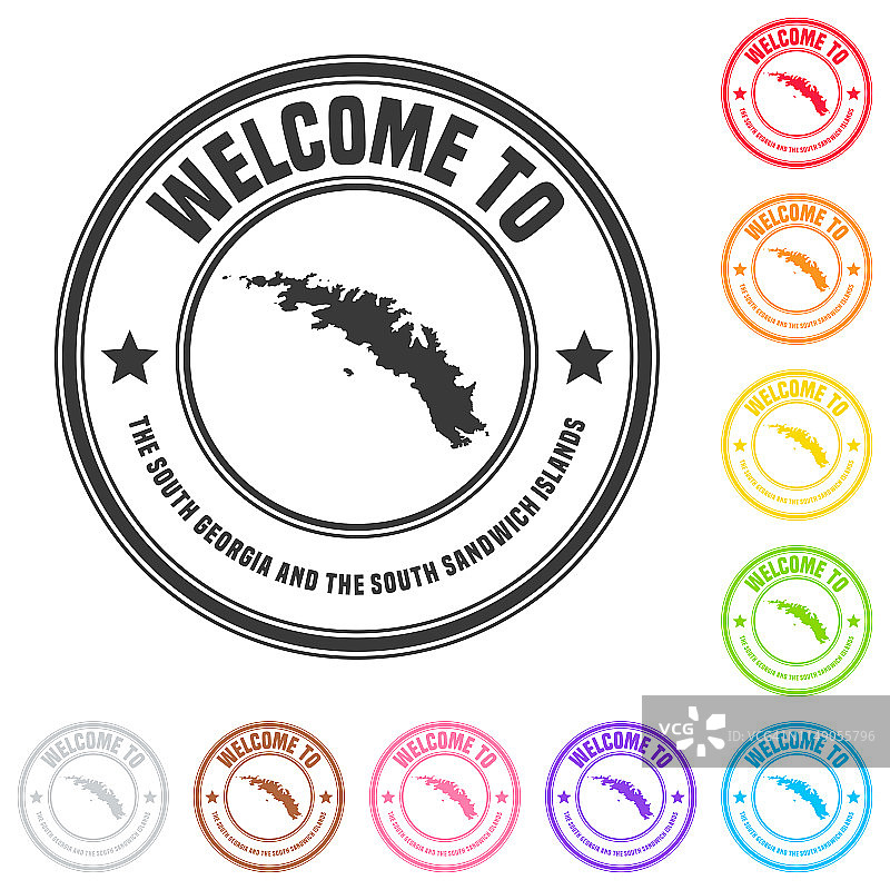欢迎来到南乔治亚和南桑威奇群岛邮票 - 白色背景上的彩色徽章图片素材