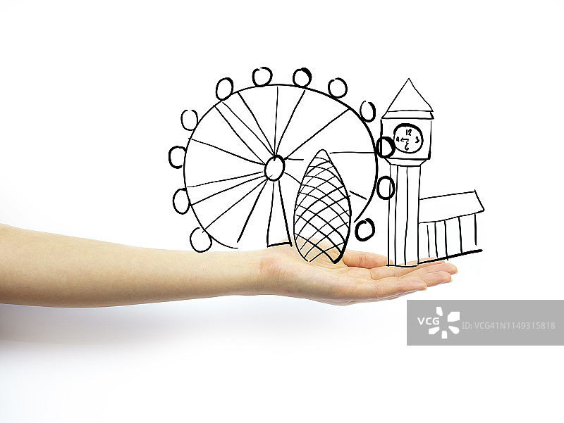 手掌摊开，背景是伦敦城市图片素材