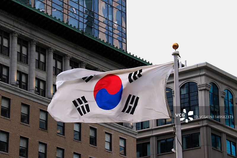 旗杆上飘扬的韩国国旗图片素材