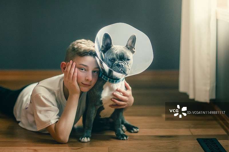 男孩安慰戴着保护套的狗图片素材