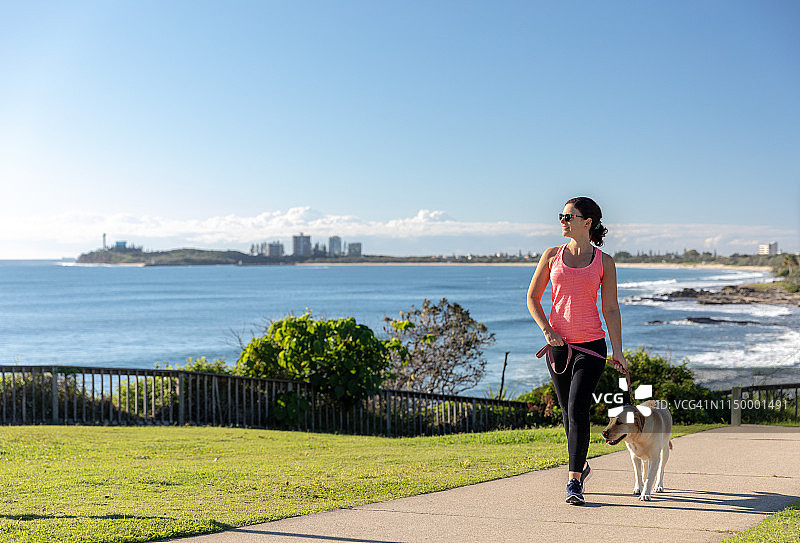 遛拉布拉多犬的女人图片素材