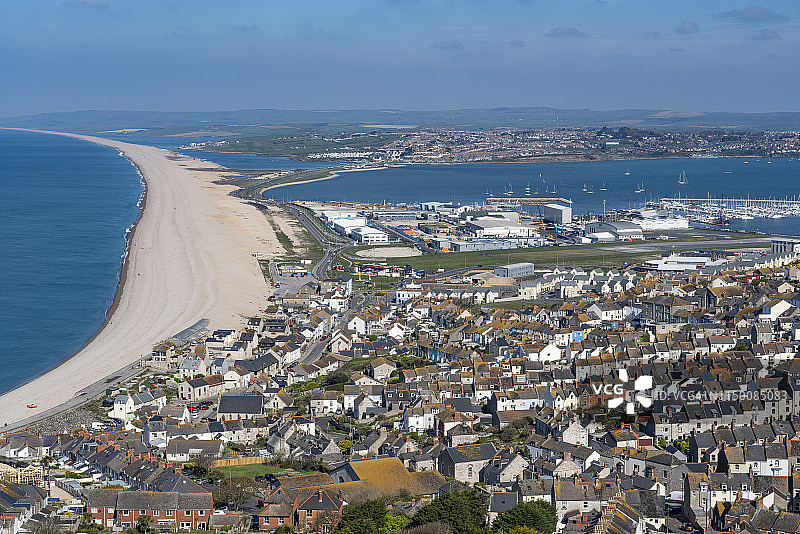 英国多塞特郡切西尔海滩、福琼斯韦尔和波特兰港图片素材