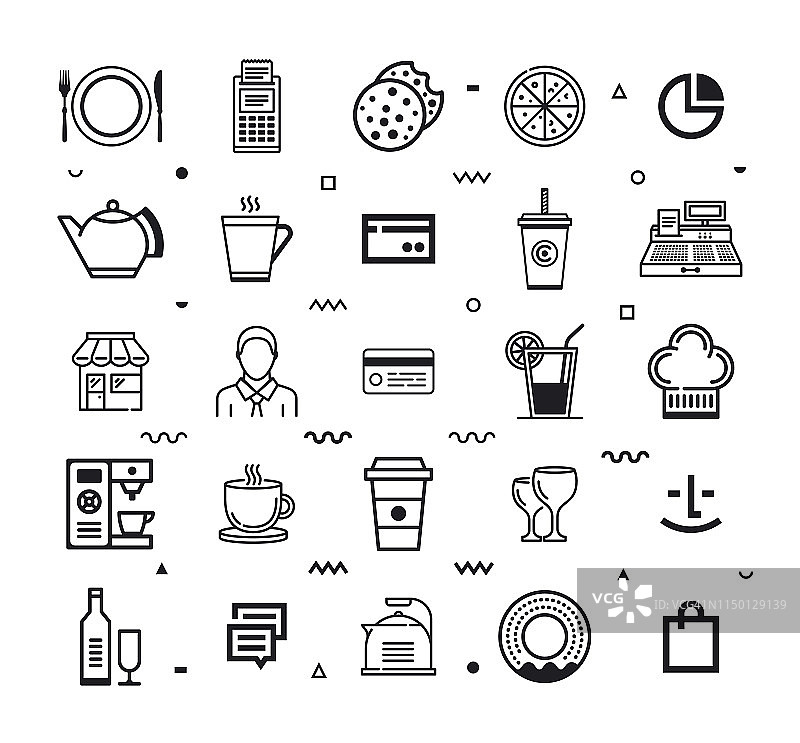 快餐连锁店线条风格矢量图标集图片素材