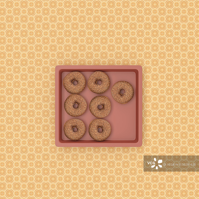 3D渲染：花纹背景上的烘焙托盘甜甜圈图片素材