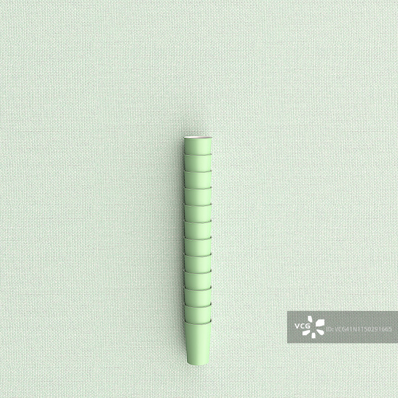 3D渲染，绿色背景上的堆叠塑料杯图片素材
