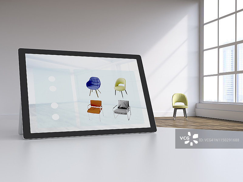 3D渲染：现代阁楼中的数字平板，在线购买椅子图片素材
