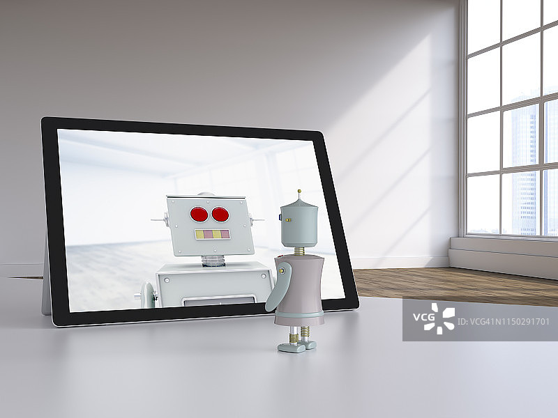 3D渲染：机器情侣在现代阁楼视频聊天图片素材