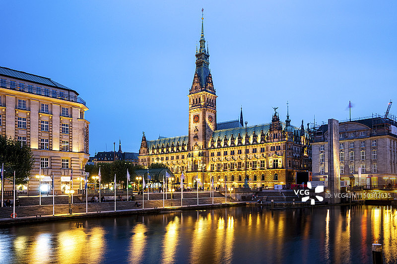 德国汉堡：市政厅与内阿尔斯特湖图片素材