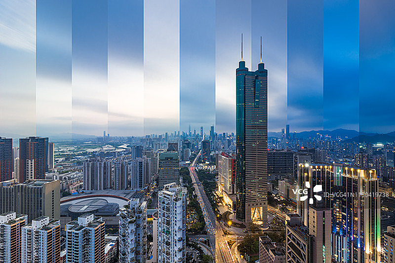 从黄昏到夜晚的深圳中央商务区天际线图片素材