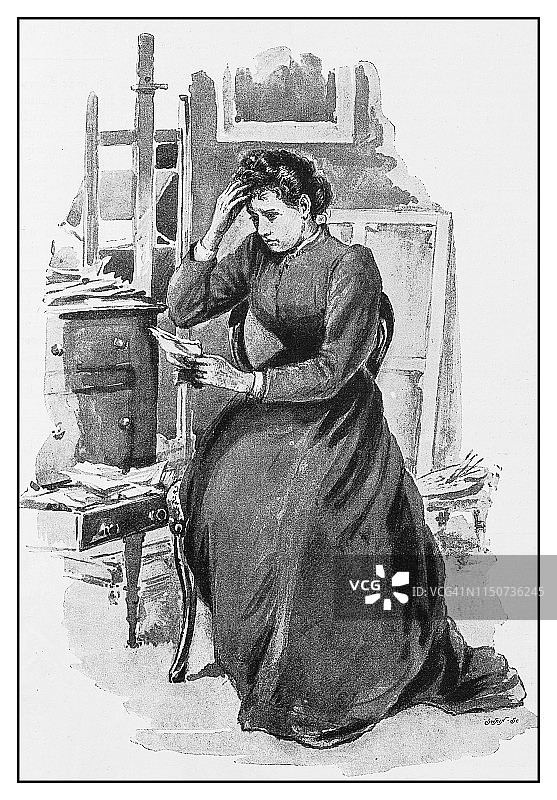 古董插画：阅读信件的忧虑女人图片素材