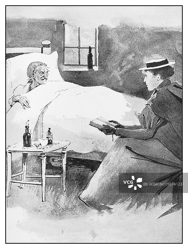 给老妇人读书的古董插画图片素材