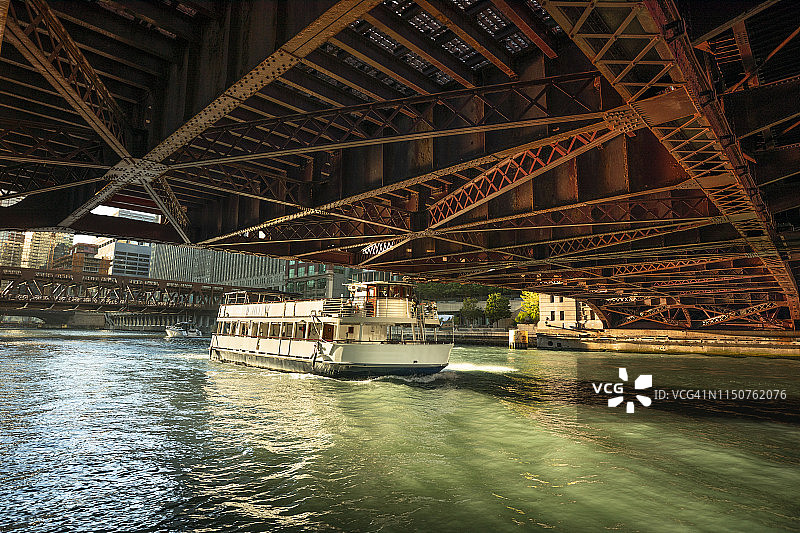 芝加哥城市景观和桥下河上的渡轮图片素材