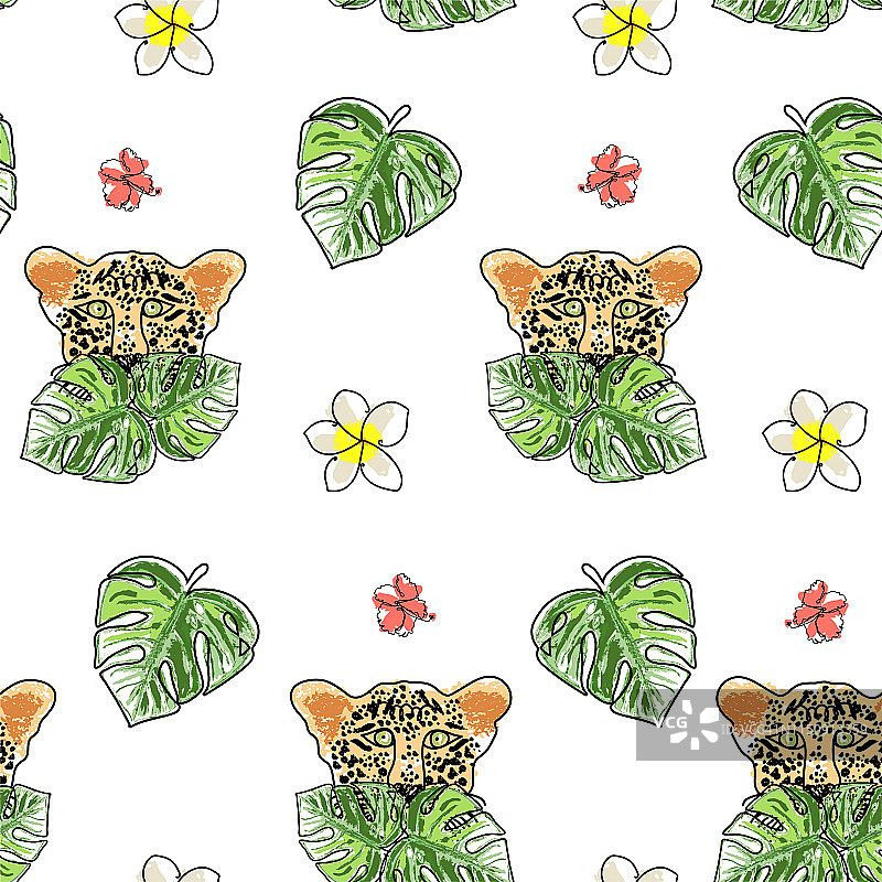 手绘风格的热带丛林中隐藏的野生豹子图片素材