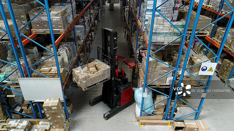 仓库物流中心：工人在叉车上行驶，鸟瞰图图片素材