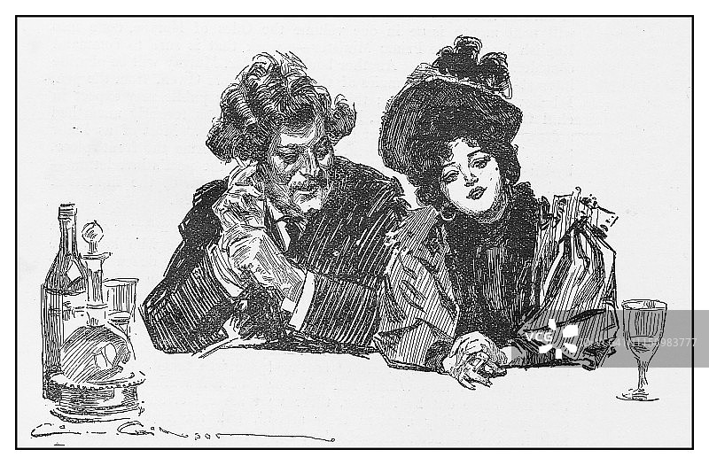 古董插画：情侣饮酒图片素材