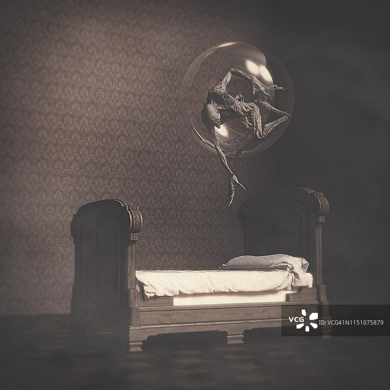 噩梦：悬浮球体伸下的恐怖生物图片素材