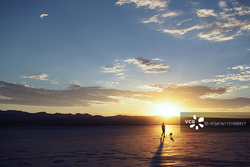 在加利福尼亚州埃尔米拉奇干湖的沙漠日出中遛狗图片素材