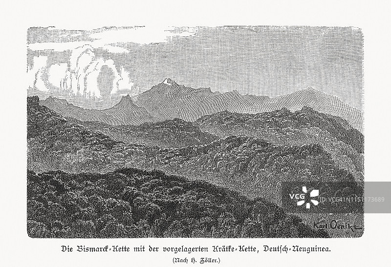 俾斯麦山脉，巴布亚新几内亚，1897年木刻版画图片素材