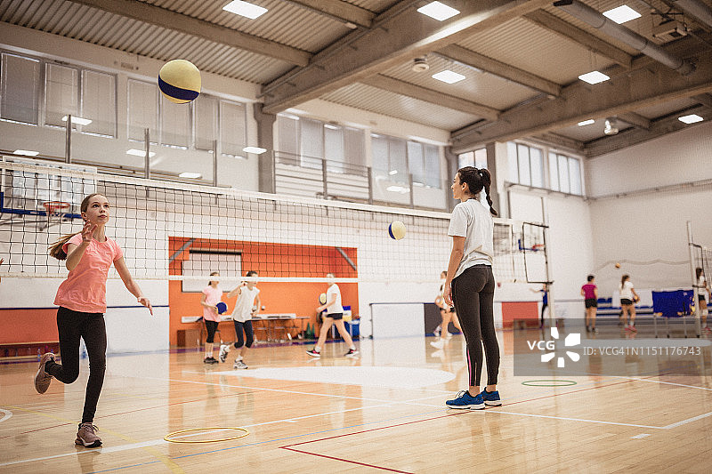 女子排球队在排球场上进行室内训练图片素材