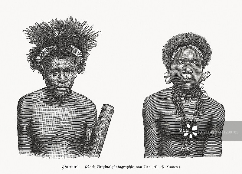 巴布亚土著男子，木刻版画，出版于1897年图片素材