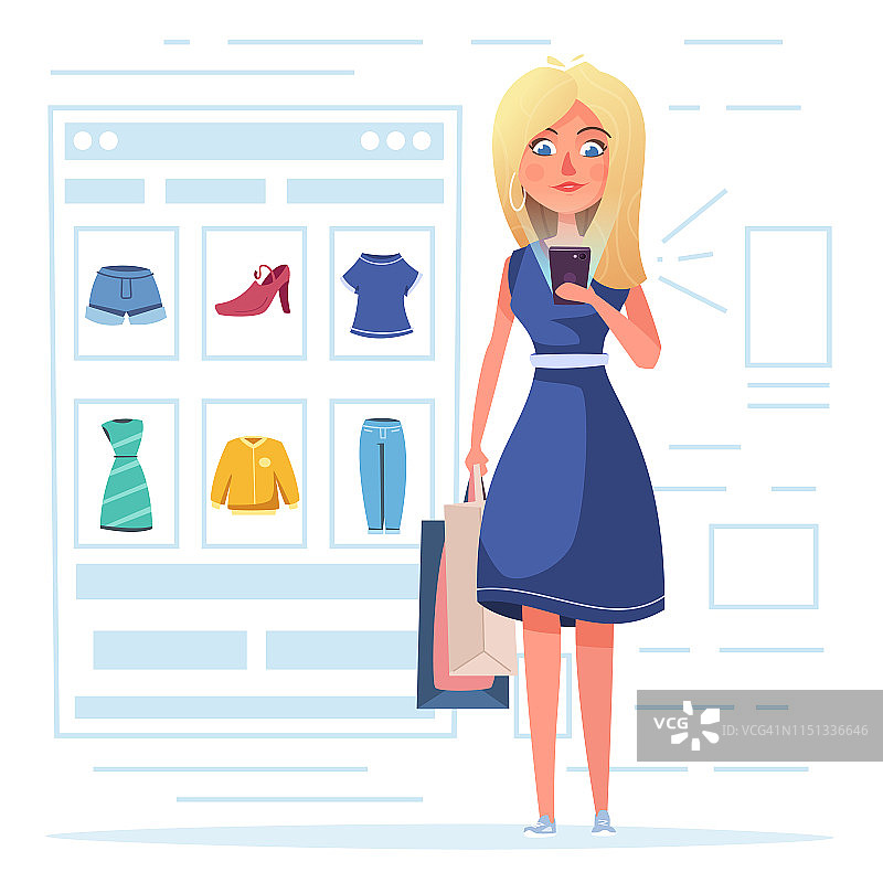 卡通风格的网上购物女孩角色设计矢量插画图片素材