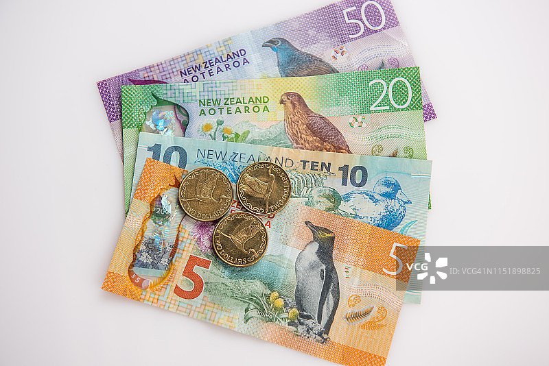 新西兰元硬币和纸币图片素材