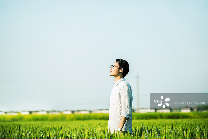 站在麦田里的亚洲青年男人图片素材
