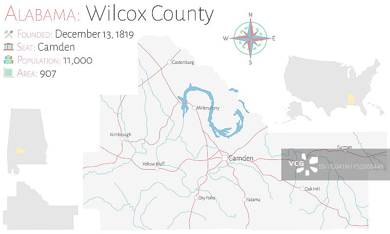 阿拉巴马州威尔考克斯县地图图片素材