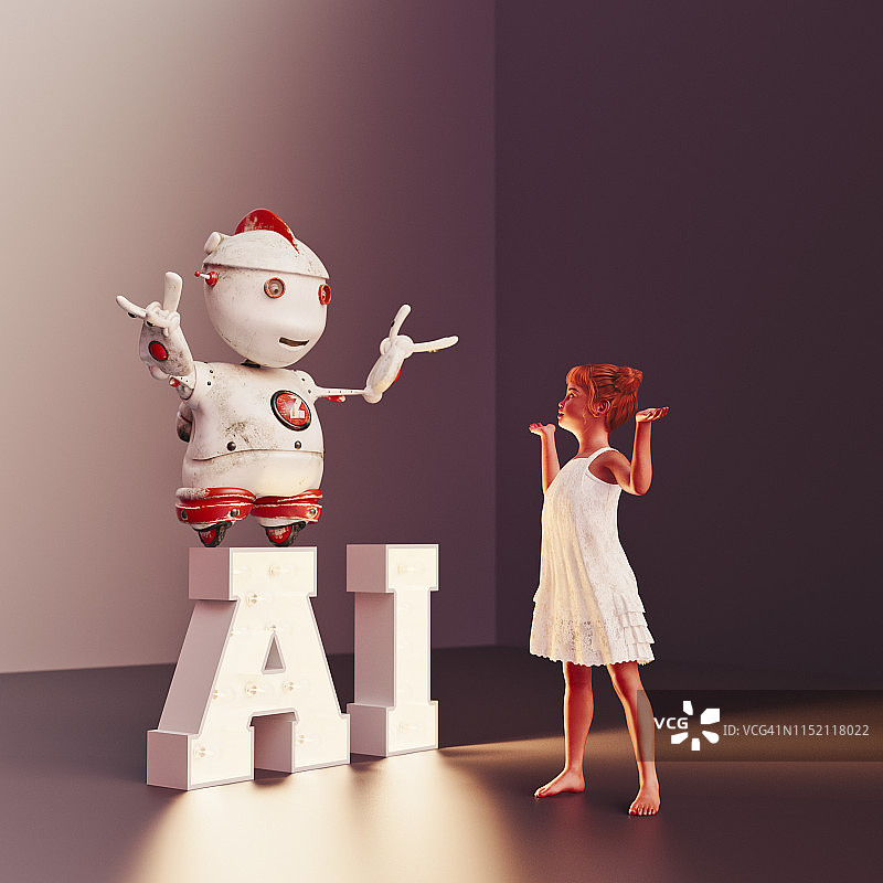 看发光AI字母的女孩图片素材