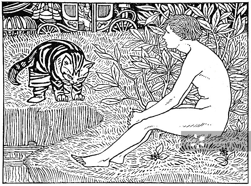 草地上裸体的男人和穿靴子的猫图片素材