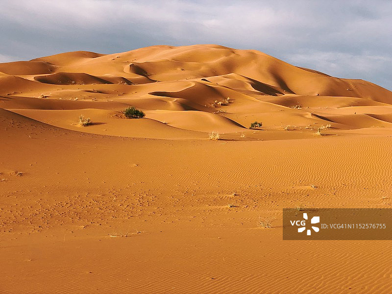 撒哈拉沙漠的日出：摩洛哥梅尔祖卡沙漠的橙色沙丘和多云天空图片素材