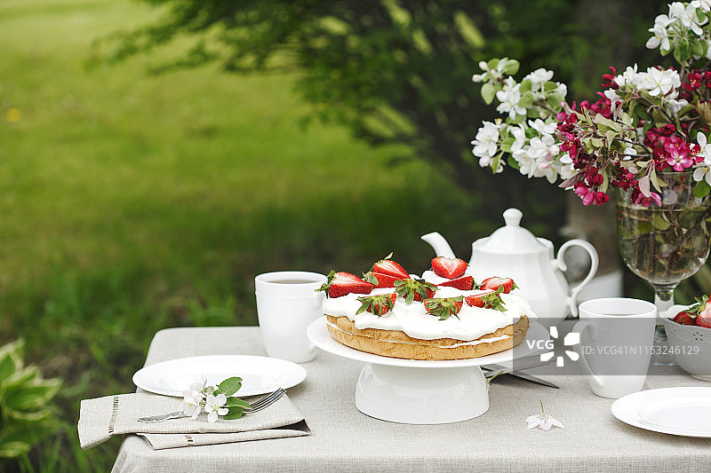 花园里的草莓下午茶和蛋糕图片素材