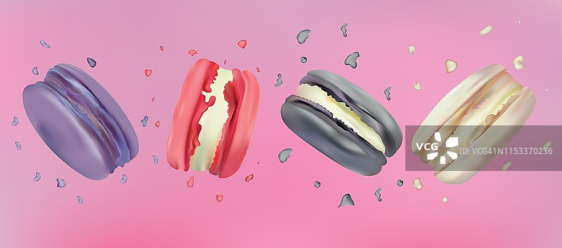 粉色背景中的3D逼真马卡龙。一组彩色法式甜点。矢量插画图片素材