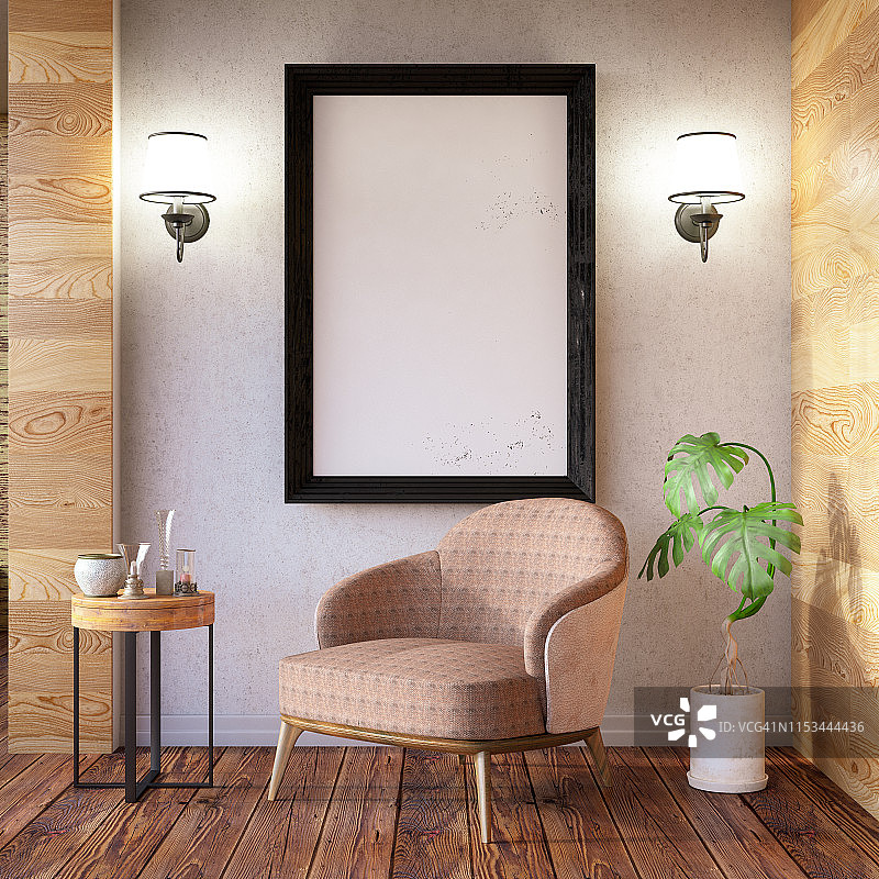 带扶手椅和空画框的室内图片素材