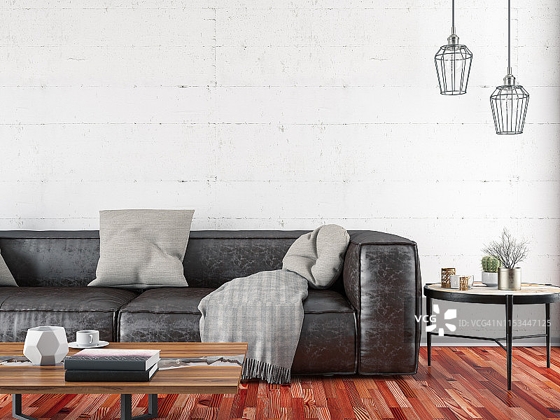 带空砖墙的皮革沙发图片素材