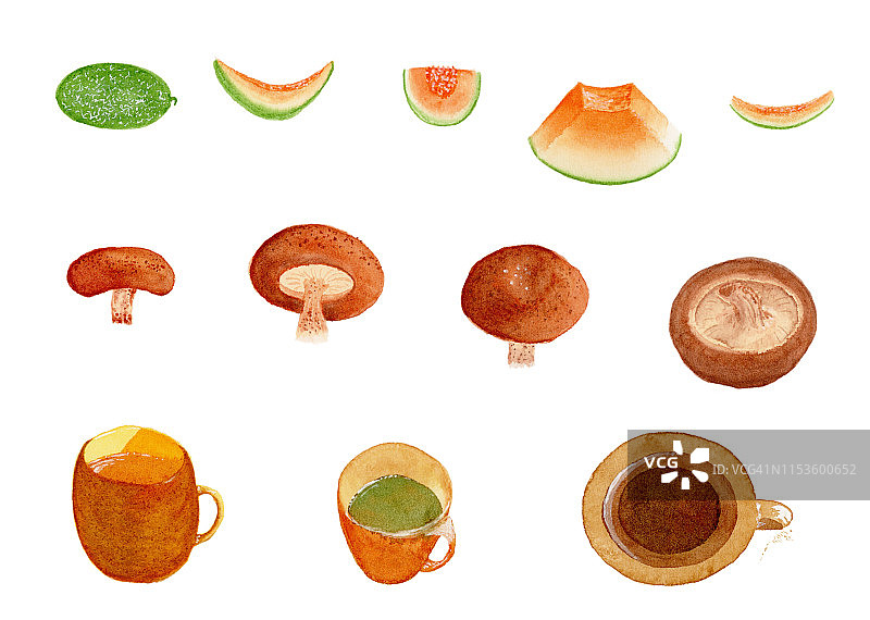 手绘水彩蘑菇、哈密瓜和茶杯图片素材