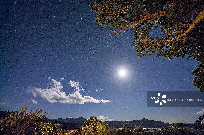 新西兰北岛吉斯伯恩区东开普满月星空夜景图片素材