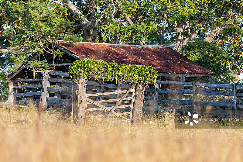 乡村地区风化的波纹铁皮屋顶棚图片素材